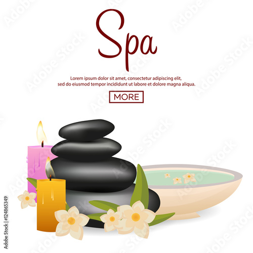 Spa salon banner with stones. Thai Massage. Wood texture. Vector illustration