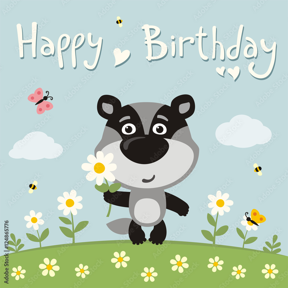 Happy birthday! Cute badger with flower on meadow. Birthday card. Happy birthday! Cute badger with flower on meadow. Birthday card.