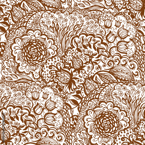 Floral doodle seamless wallpaper pattern. Illustration with paisley ornaments. Textile with hand-drawn flowers.