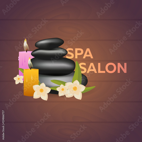 Spa salon banner with stones. Thai Massage. Wood texture. Vector illustration