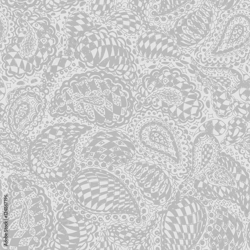 Geometric doodle seamless wallpaper pattern. Illustration with paisley ornaments and chess texture. Textile with hand-drawn checker elements.