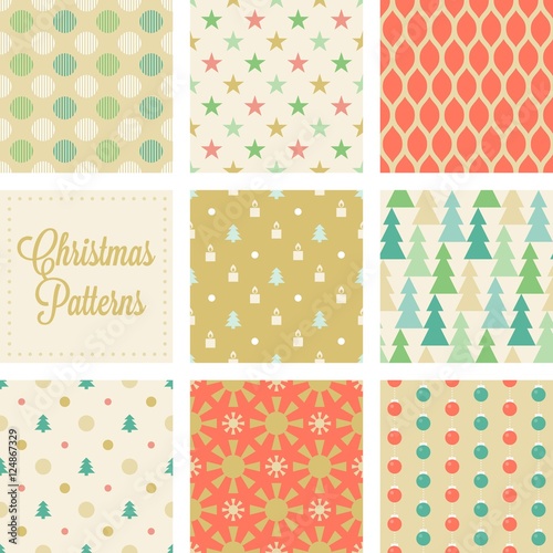 Christmas seamless pattern in vintage style, christmas tree, pine, sun, polka dot, net, stars, christmas ball