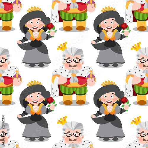 Seamless pattern with cartoon king and queen.