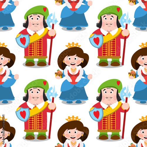 Seamless pattern with cartoon queen and prince.