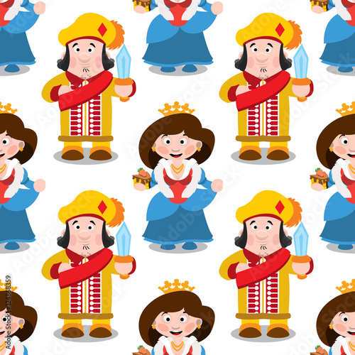 Seamless pattern with cartoon queen and prince.