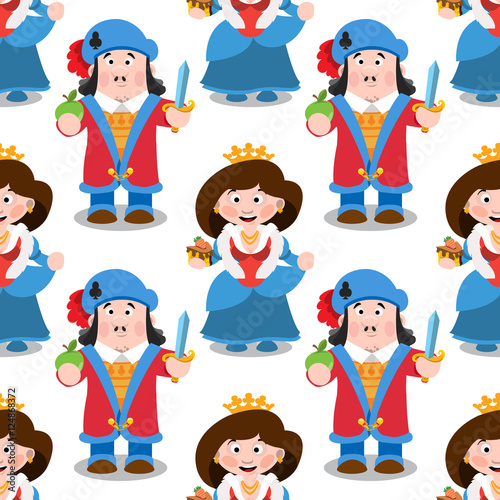 Seamless pattern with cartoon queen and prince.