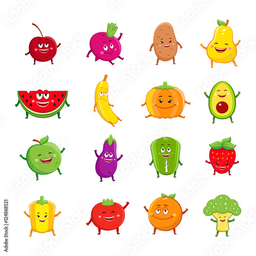 Funny fruits and vegetables characters cartoon set