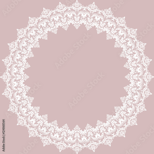 Oriental round frame with arabesques and floral elements. Floral fine border. Greeting card with place for text. Purple and white pattern © Fine Art Studio