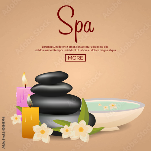 Spa salon banner with stones. Thai Massage. Wood texture. Vector illustration