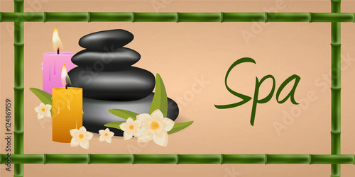 Spa salon banner with stones. Thai Massage. Wood texture. Vector illustration