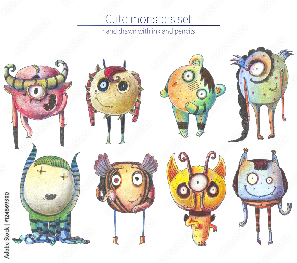 Fototapeta premium Set of cute and lovely hand drawn monsters, drawn with pencils and ink on white background. Raster large illustration with collection of different fictional characters with strange fantasy anatomy.