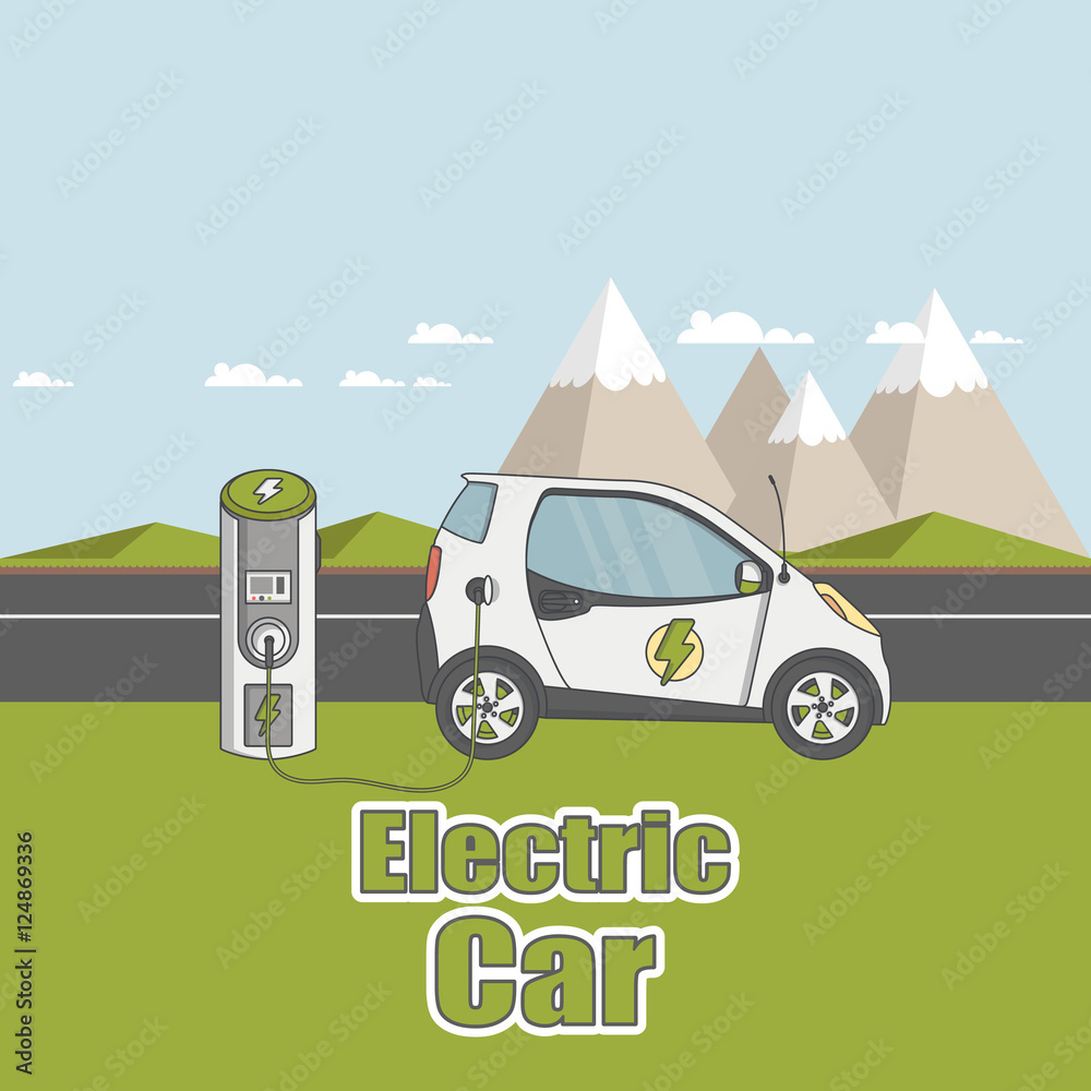 Stock Vector Illustration: Flat Design of Electric car on charging station. Vector eco landscape with electric car illustration. Stock Vector Illustration: Flat Design of Electric car on charging station. Vector eco landscape with electric car illustration.