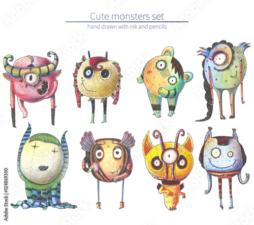 Set of cute and lovely hand drawn monsters, drawn with pencils and ink on white background. Raster large illustration with collection of different fictional characters with strange fantasy anatomy.