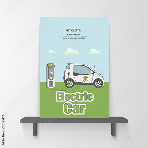 Flyer or Postrat Design. Flat Illustration of Electric car on charging station. Vector design.

