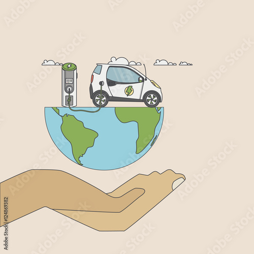 Human hand holding flat design of electric car on charging station. Vector eco landscape with electric car illustration.

