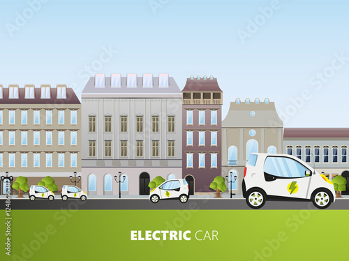 Flat Design of Electric Car. Vector eco urban scene with electric car illustration.

