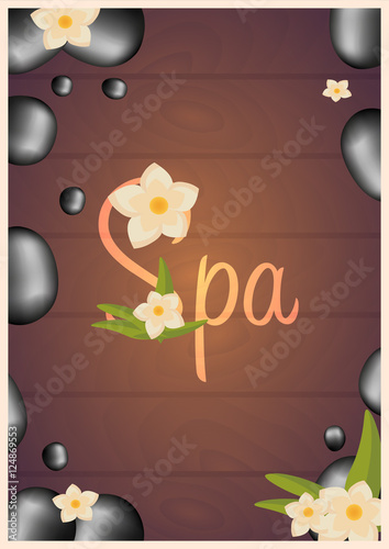 Spa salon Poster with stones. Thai Massage. Wood texture. Vector illustration.