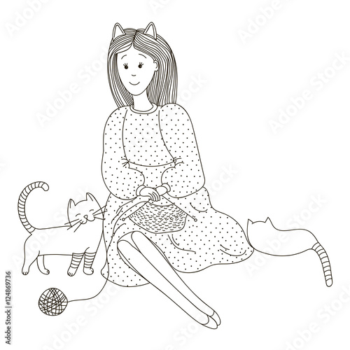 She knits in the company of cats. Vector illustration.