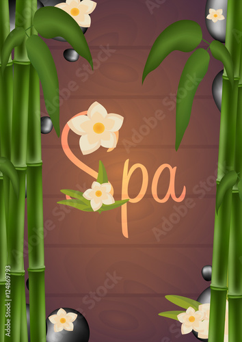 Spa salon Poster with stones and bamboo. Thai Massage. Wood texture. Vector illustration.