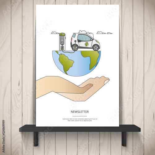 Human hand holding flat design of electric car on charging station. Vector eco landscape with electric car illustration.