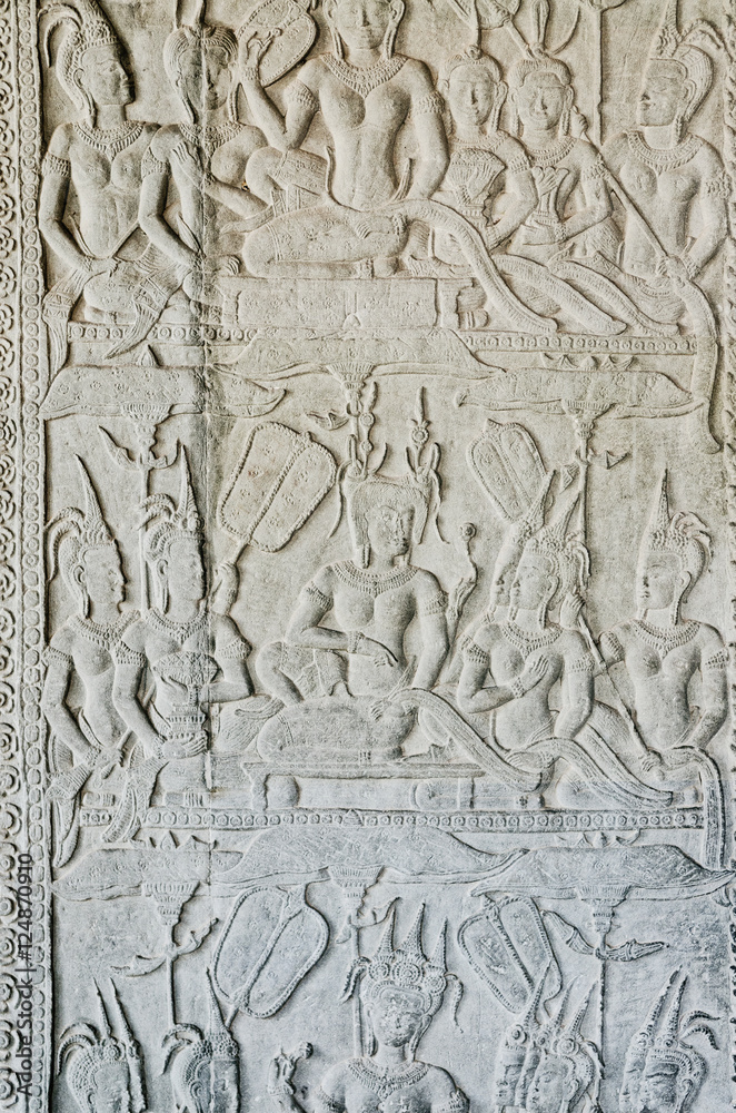 ancient asian stone carved figures in angkor wat temple cambodia
