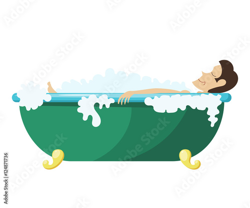 Vector Cartoon illustration of a man lying in the bath. Young ma