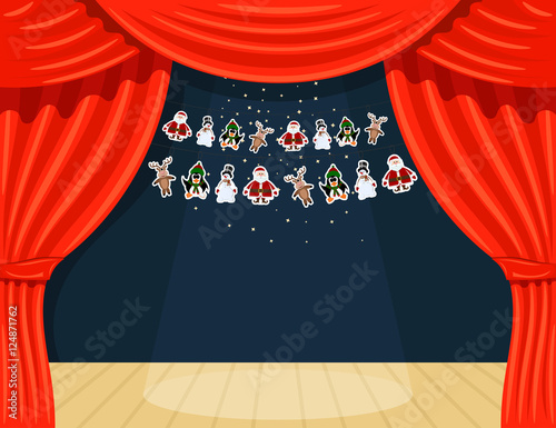 Cartoon theater. Theater curtain with spotlights beam, stars and