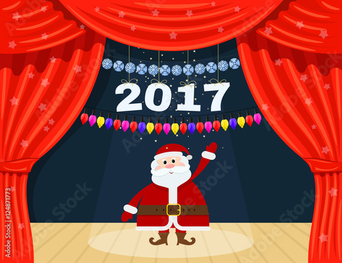 Open red theater curtain with stars, snowflakes, garland and San