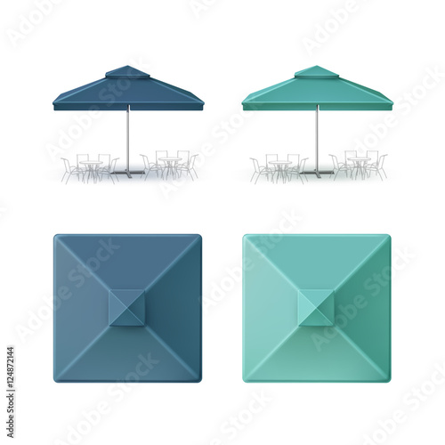 Set of Blue Turquoise Market Beach Cafe Bar Pub Restaurant Square Umbrella Parasol Close up Isolated on White Background