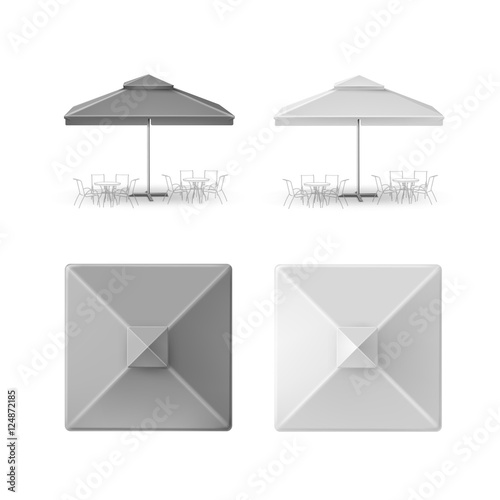 Set of Gray Patio Outdoor Market Beach Cafe Restaurant Square Umbrella Parasol for Branding Top Side Front View Isolated