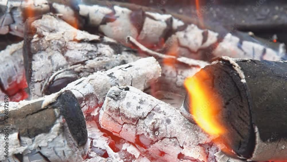 SLOW MOTION: Close up details of a campfire fire flames burning in nature. SLOW MOTION: Close up details of a campfire fire flames burning in nature.