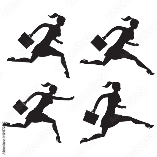 Business lady running set of silhouettes. Running business lady in business suit isolated on white background. Vector illustration. Use as template, background or part of any design.