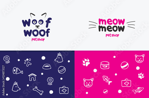 Vector logo, emblem, label design elements for pet shop, zoo shop, pets care and goods for animals. woof woof, meow meow, cat mustache, dog muzzle, Pet store signboard concept, bowl, bone, fish,