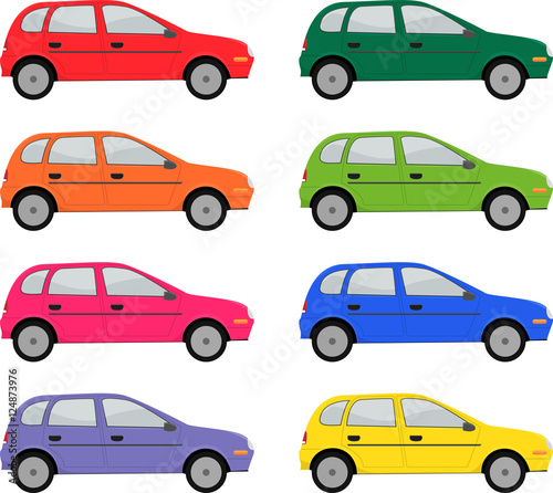 Vector illustration of a group of colorful hatchback cars.