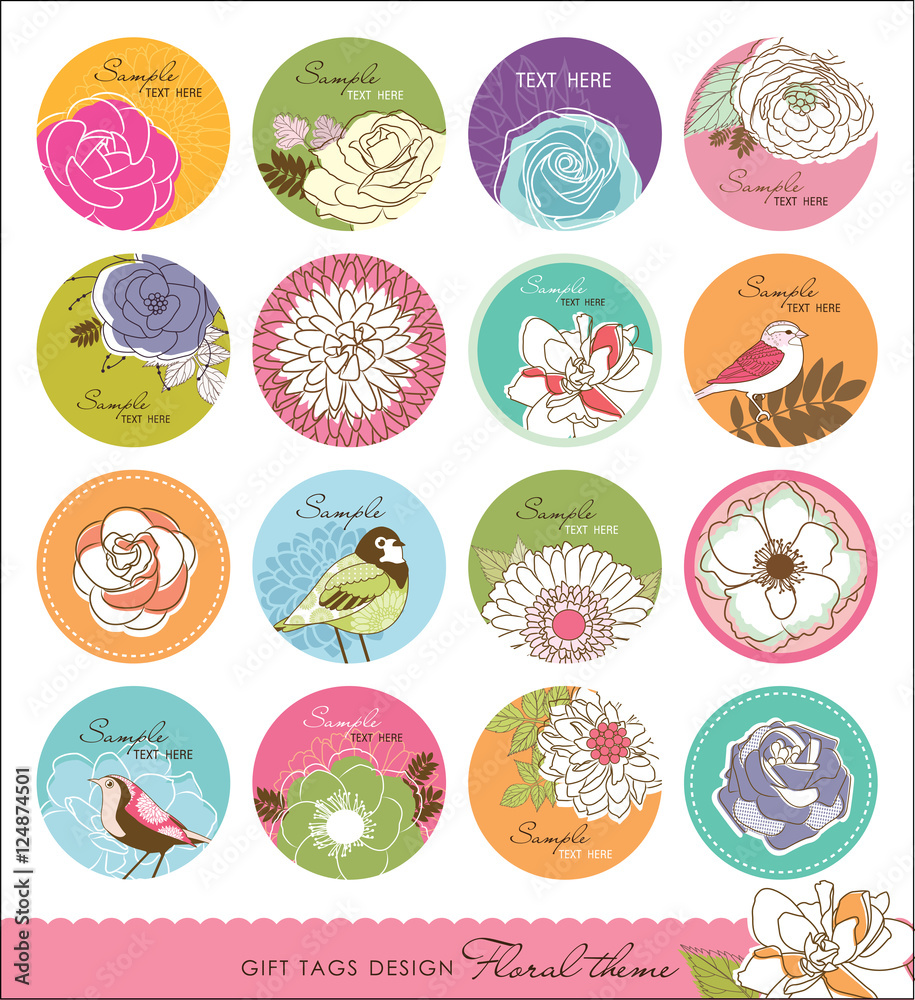set of gift tag design with floral theme