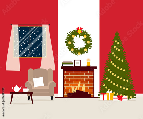 Christmas vector illustration of the living room with fireplace