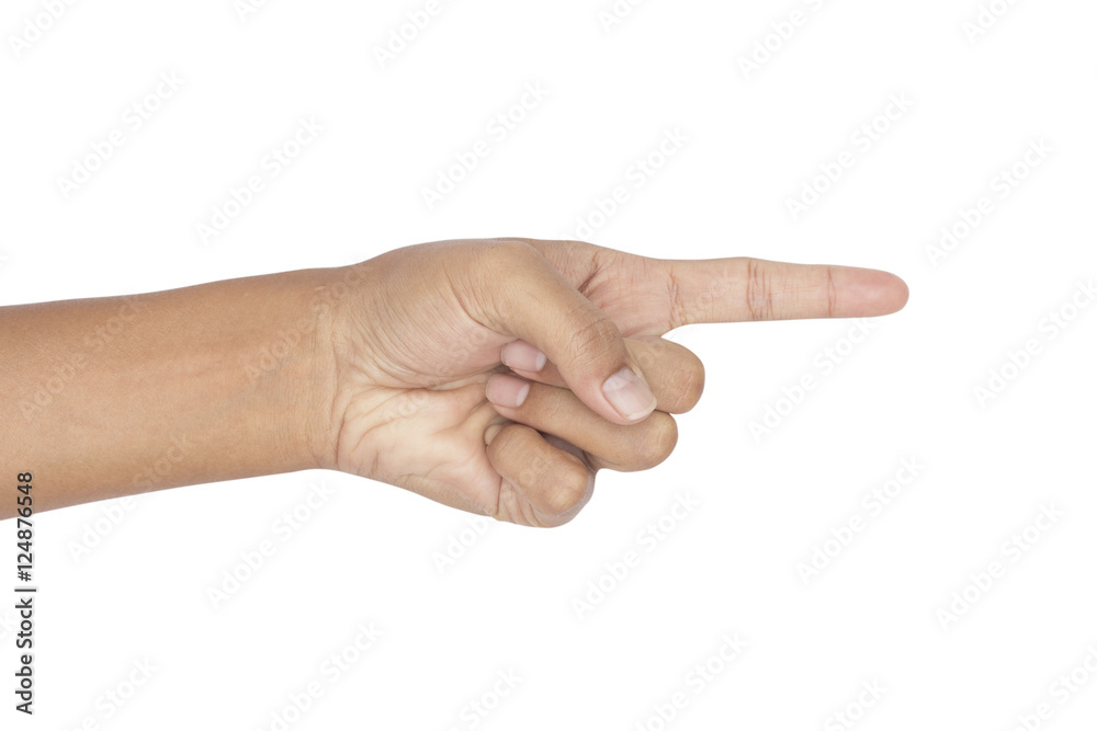 Pointing hand. Gesture by hand on a white background Pointing hand. Gesture by hand on a white background