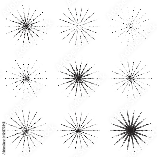 Vector set.Dotwork stars and rays.Illustration of random black dots