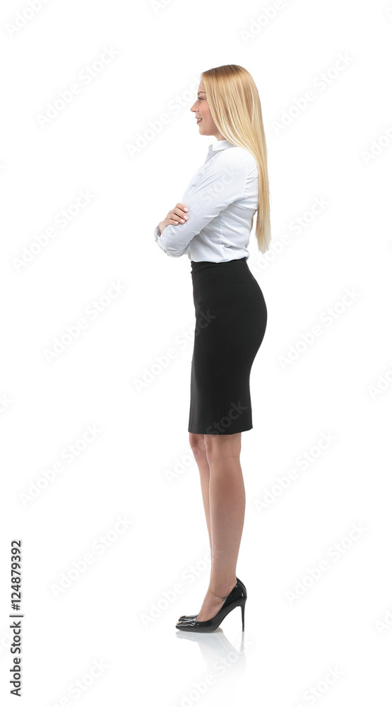Business woman stand profile with white wall background Business woman stand profile with white wall background