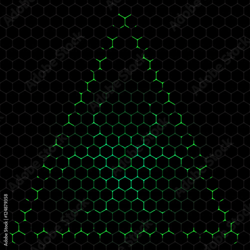 Abstract vector dark background with green biohazard symbol silhouette.