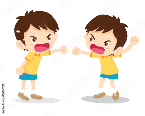 Little angry boy shouting various actions on white background cartoon vector illustration.