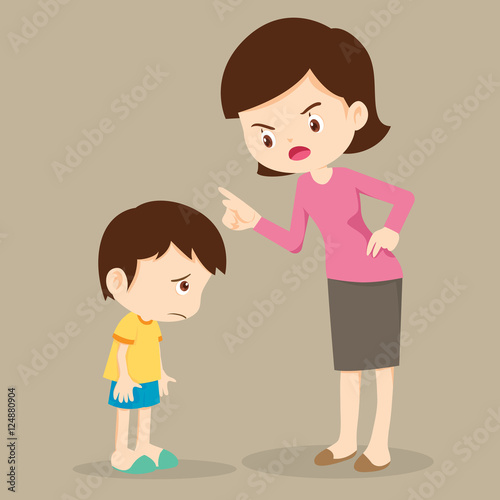 Mother scolds her son.Mother angry at her son and blame him.Mom scolds children.