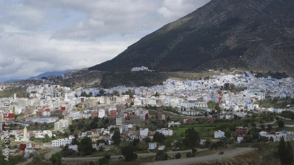 Chefchaouen, Morocco cityscape, wide beauty shot.