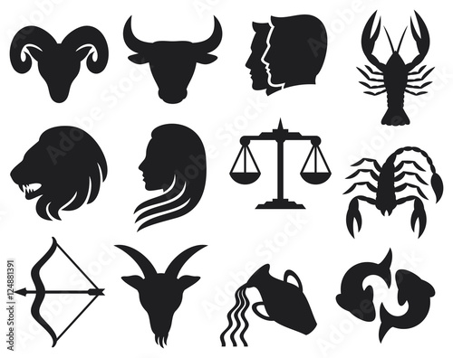 stylized icons of zodiac signs set (horoscope or astrology symbols collection)