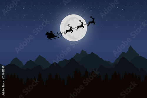 Santa Claus rides in a sleigh with their reindeer through the night mountains