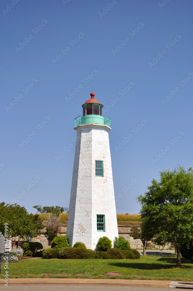 Old Point Comfort Lighthouse in Fort Monroe, Chesapeake Bay, Virginia, USA