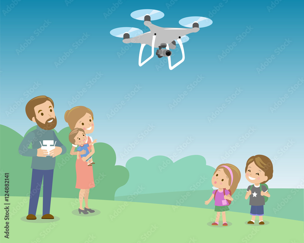 Father Operating Drone By Remote Control With Kids In The Park. Children looking on quadrocopter. Vector flat