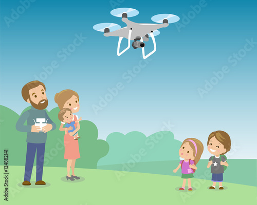 Father Operating Drone By Remote Control With Kids In The Park. Children looking on quadrocopter. Vector flat