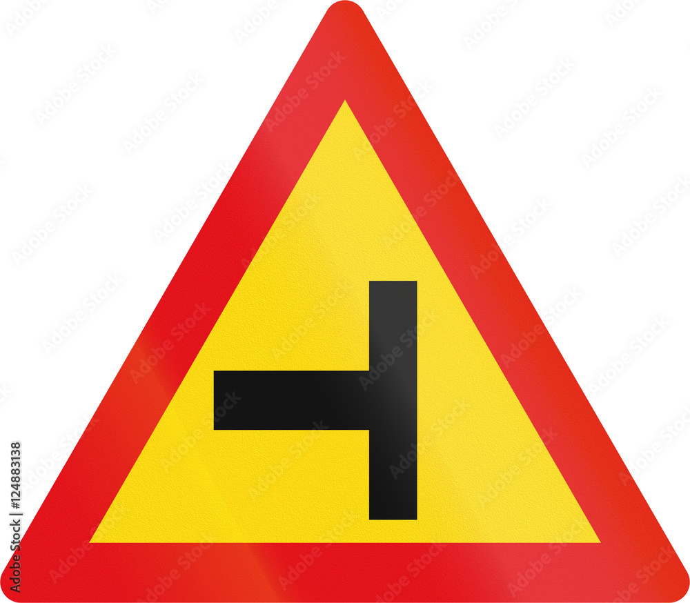 Temporary road sign used in the African country of Botswana - Side road junction from the left Temporary road sign used in the African country of Botswana - Side road junction from the left