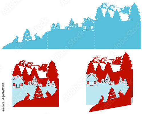 Three-layer Christmas cards with deer, santa and fir trees. Template for laser cutting.